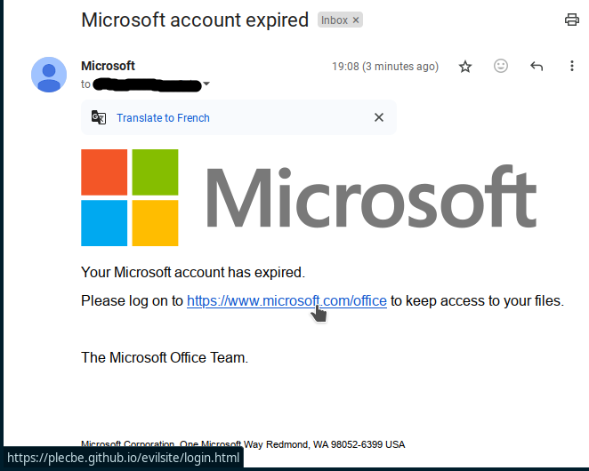 Mail with misleading target website address