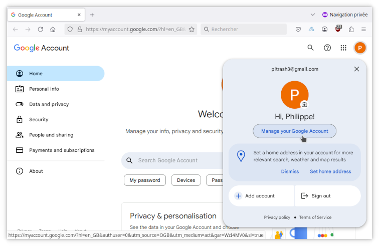 Manage your Google Account button