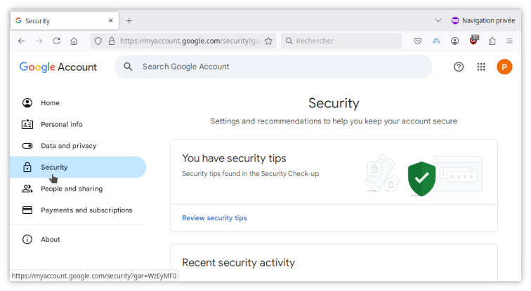 Security left column menu entry