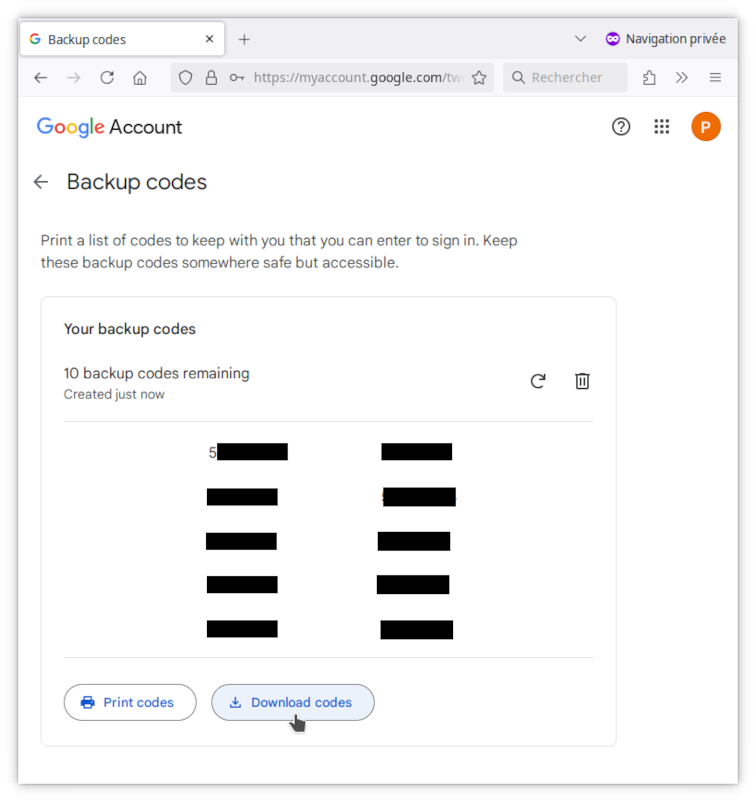 Download backup codes button