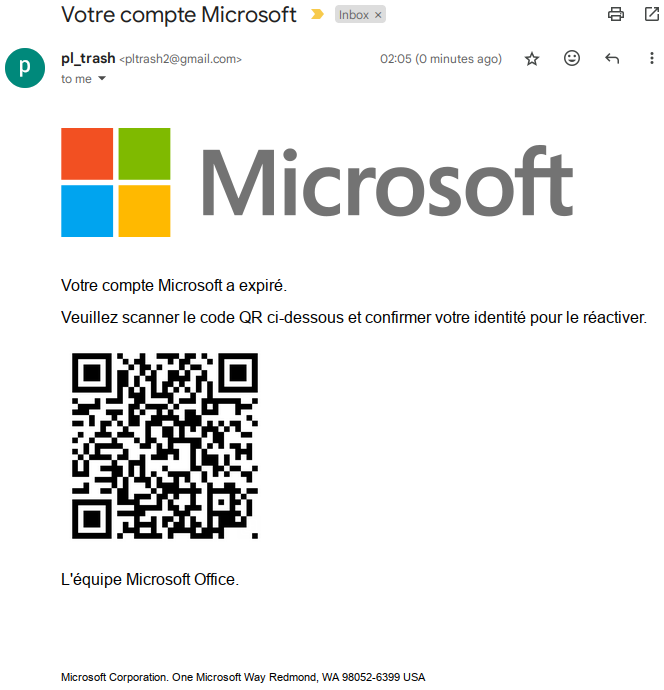 Mail suspect avec QR code trompeur