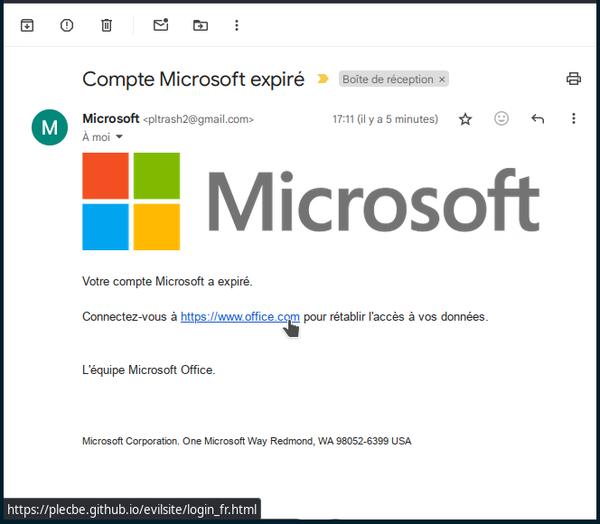 Mail avec lien trompeur