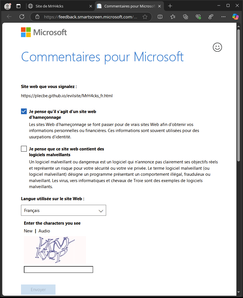 Edge - envoyer rapport de phishing