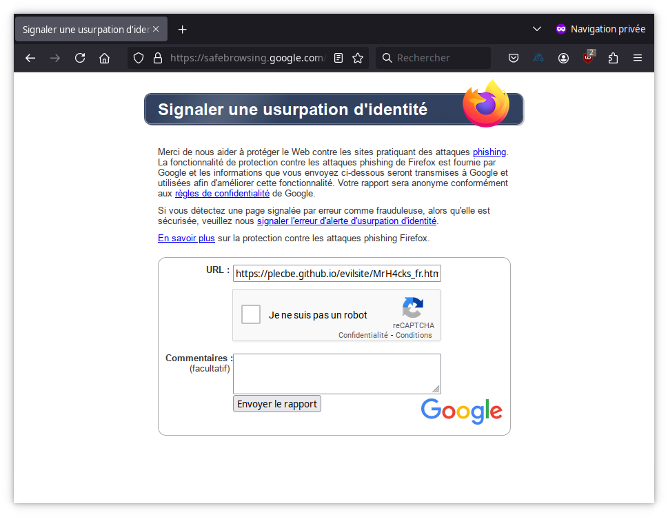 Firefox - Envoyer rapport d'usurpation