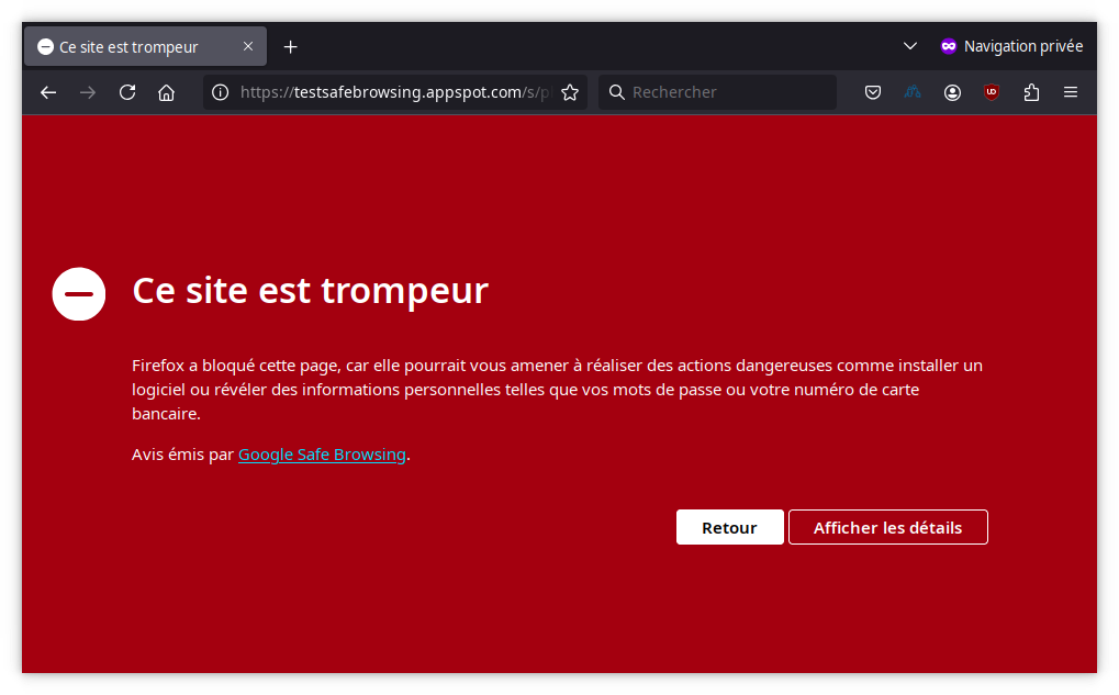 Firefox - Alerte site trompeur