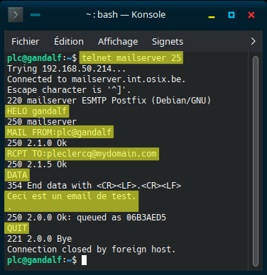 Dialogue SMTP via telnet