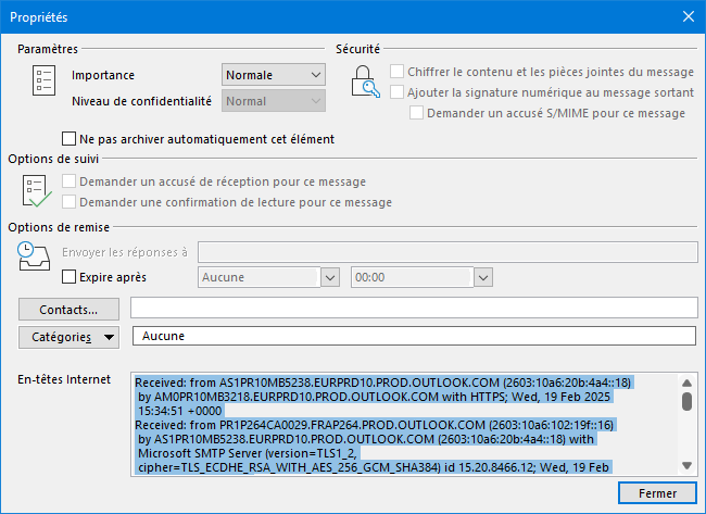 Outlook - en-têtes sélectionnés