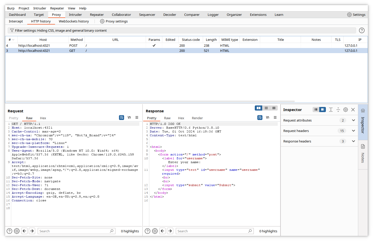 Burp - historique HTTP