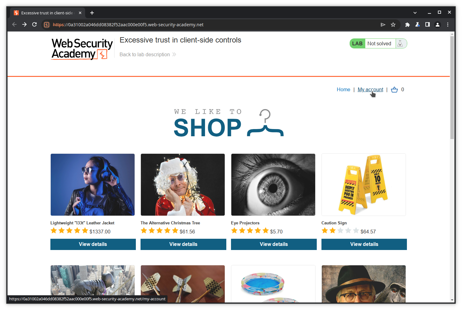 Page de départ de l'exercice