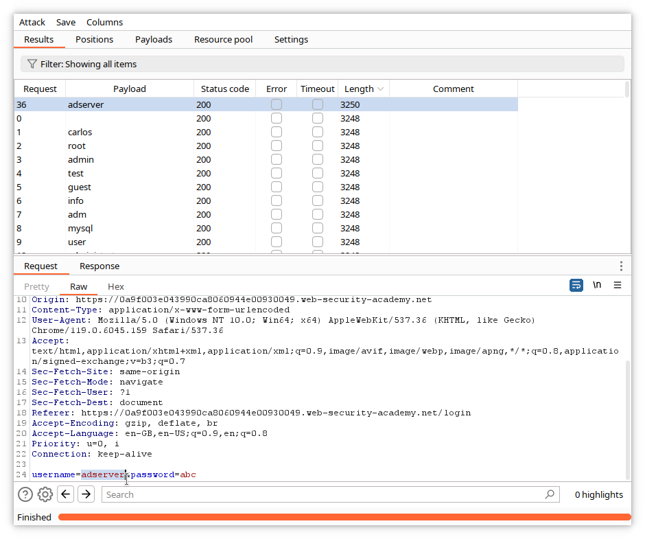 Intruder - requête correspondant à la réponse intéressante