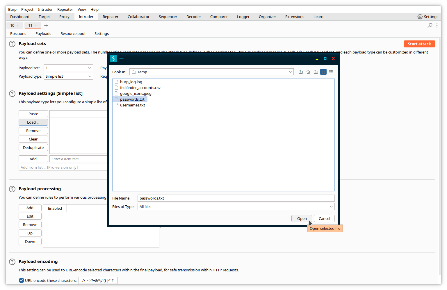 Intruder - chargement des mots de passe