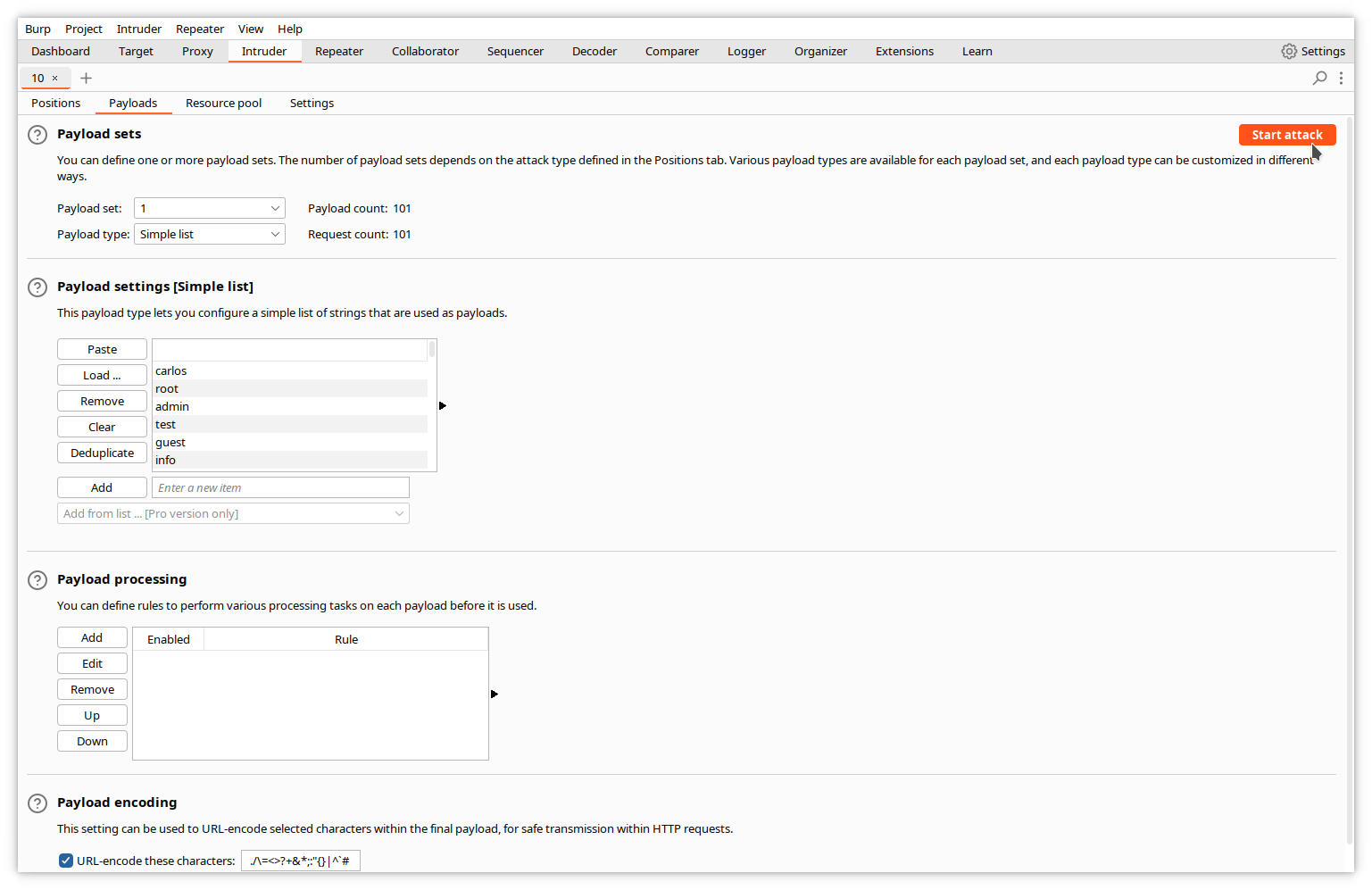 Intruder - liste et nombre d'entrées