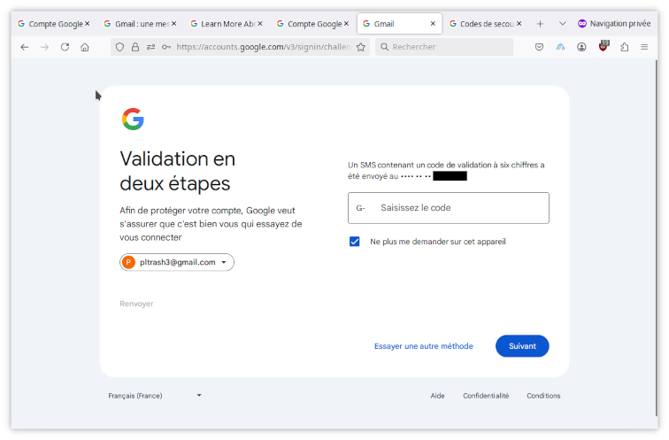 Page de connexion avec demande du second code