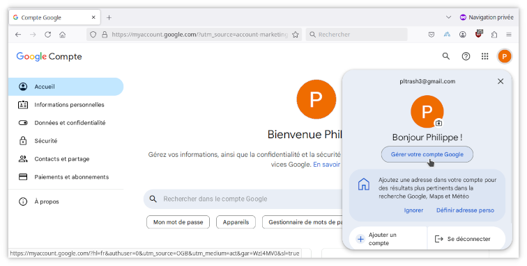 Bouton Gérer votre compte Google
