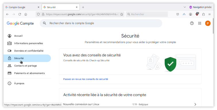 Sécurité dans le menu à gauche