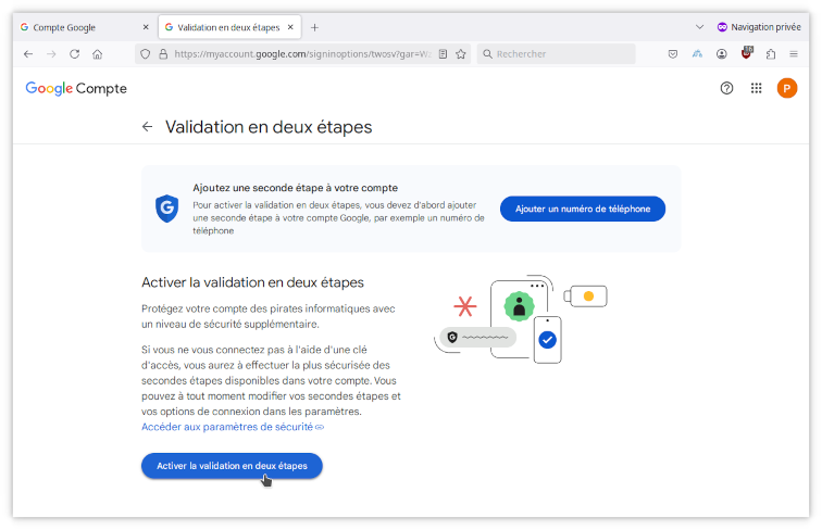 Bouton Activer la validation en deux étapes