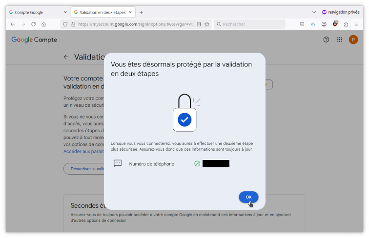 Confirmation de la protection par validation en deux étapes