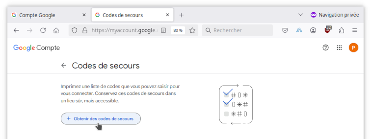 Bouton Obtenir des codes de secours