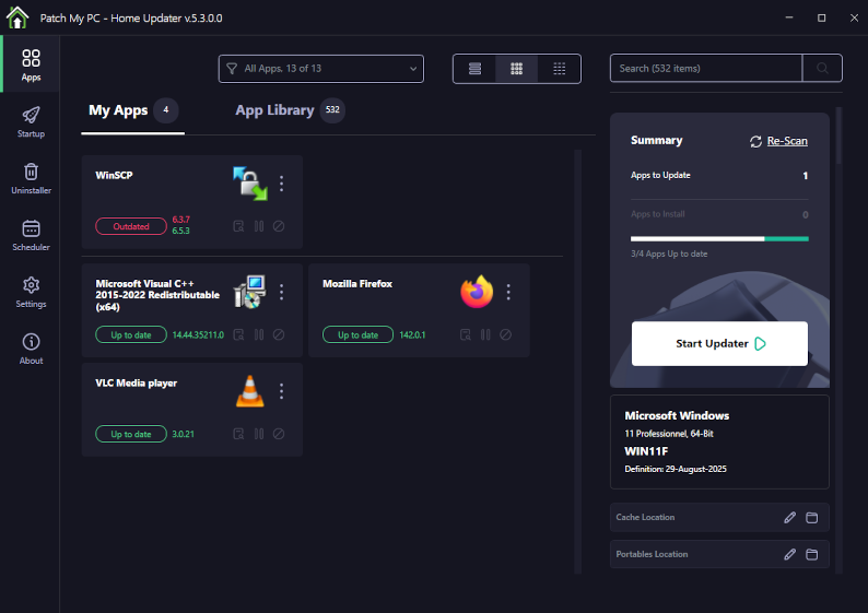 Ecran principal de Patchmypc avec la liste des applications trouvées à jour et non à jour